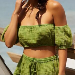 Anthropologie green smocked‎ gauze off shoulder crop top